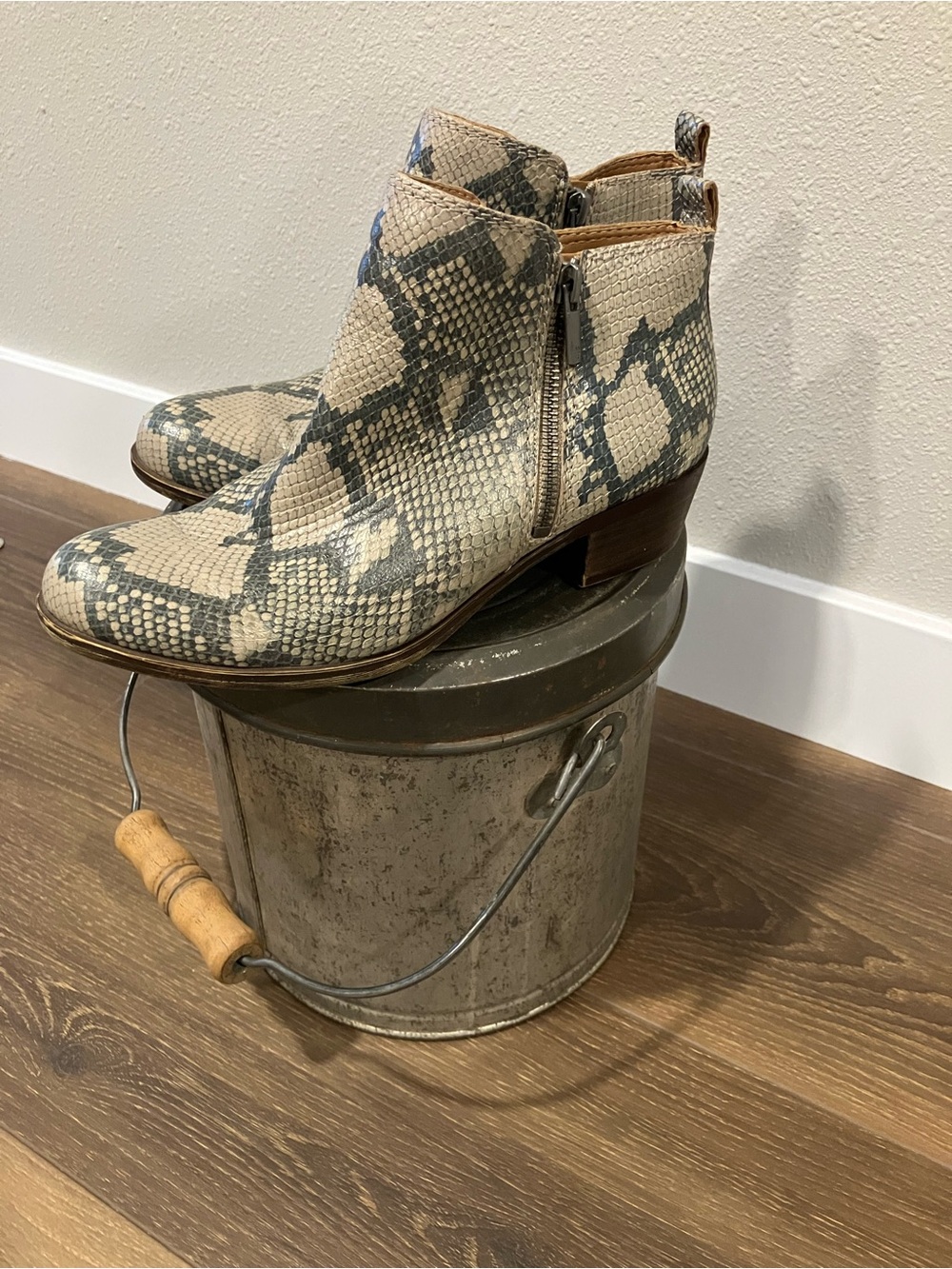 Lucky Brand Snake Print Ankle Booties in Beige and Green